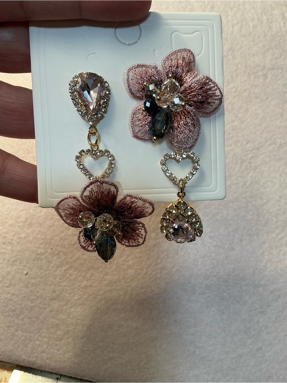 2395-103 Asymmetrical Embroidered Floral & Crystal Teardrop Statement Earrings - Picture 2 of 7